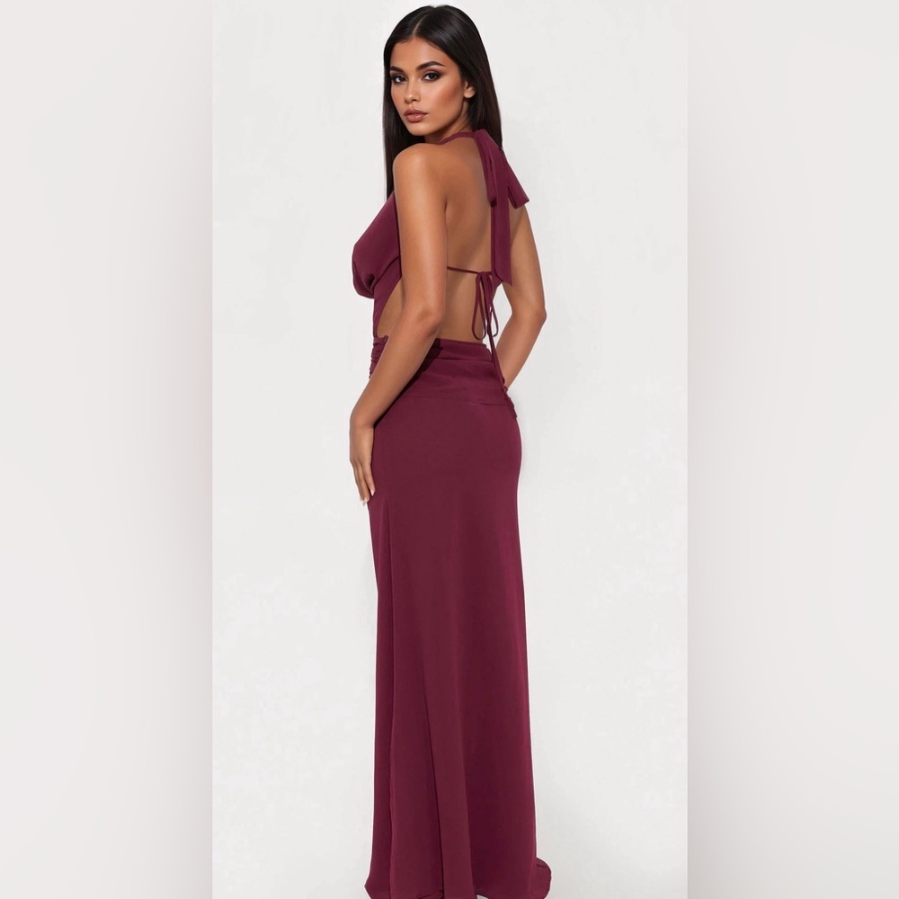 Chiffon Halter Backless Maxi Dress in Burgundy/ plum